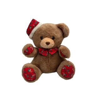 Vintage Steven Smith CHRISTMAS Plush Brown TEDDY BEAR Christmas Bow & Paws